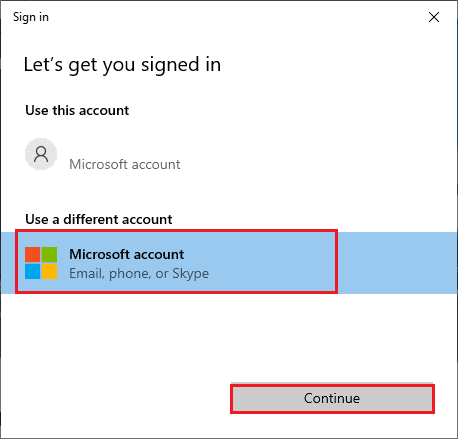 Wählen Sie nun Ihr Microsoft-Konto aus und klicken Sie auf die Schaltfläche Weiter