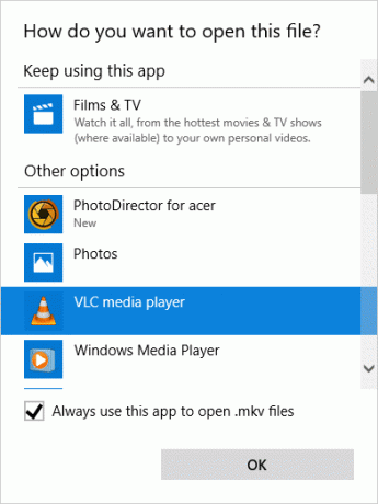 Изберете „VLC медиен плейър“ и поставете отметка в квадратчето „Винаги използвайте това приложение за отваряне на .mkv файлове“