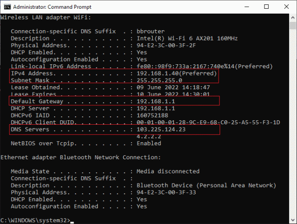 noteer de IP-details van de uitgevoerde opdrachtregel