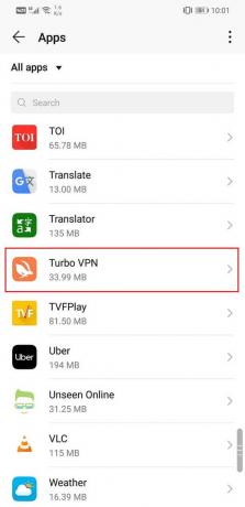 Otsige üles VPN-rakendus ja puudutage seda rakenduse seadete avamiseks | Parandage VPN-i ühenduse puudumine Androidis