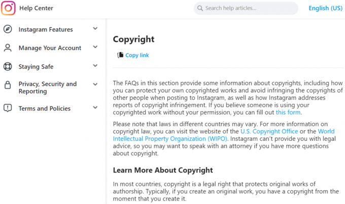 صفحة الأسئلة الشائعة حول حقوق الطبع والنشر في Instagram