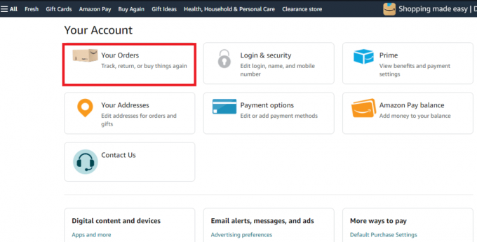Кликните на картицу опције Ваше поруџбине | Амазон моја историја налога на налогу