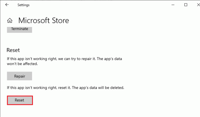 натисніть скинути налаштування програми Microsoft Store