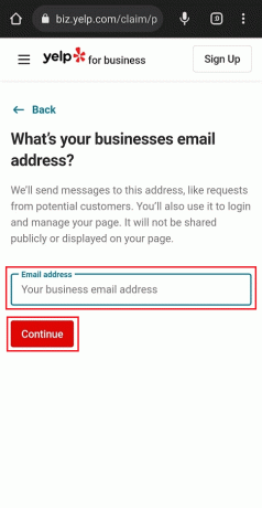 Ingrese su dirección de correo electrónico comercial y toque Continuar | Cómo crear una cuenta en Yelp