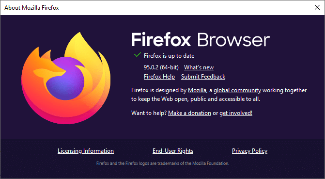 Firefox'unuz güncelse, Firefox'un güncel olduğunu gösterecektir. 