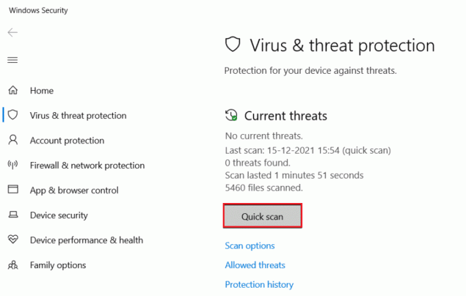 바이러스 및 위협 방지 메뉴에서 빠른 검사를 클릭합니다.