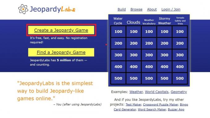 Klik op de optie Create a Jeopardy Game op de startpagina | Hoe Jeopardy op Zoom te spelen