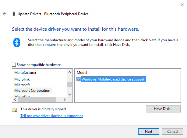 Selecione Microsoft Corporation e, em seguida, na janela à direita, selecione Windows Mobile-based device support