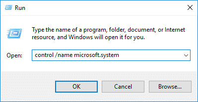 Ketik nama kontrol microsoft.system di kotak dialog Run