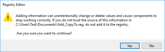 Haga clic en Sí para continuar fusionando Add_CopyTo.reg con el registro