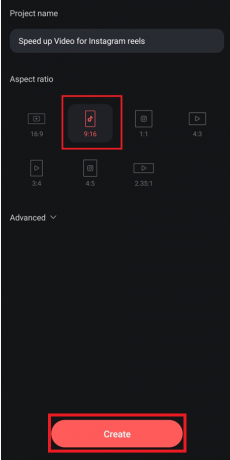 Alegeți raportul de aspect dorit și apăsați pe Creare | Cum să accelerezi un videoclip pentru Instagram Reels