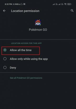 Prepričajte se, da je lokacija nastavljena na Dovoli | Popravite Pokémon Go GPS signal ni najden