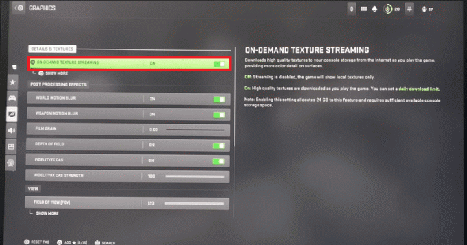 válassza az On-Demand Texture Streaming lehetőséget