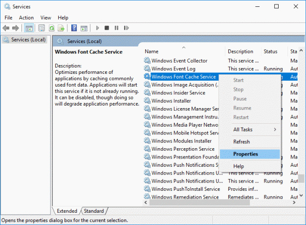 Kliknite pravým tlačidlom myši na službu Windows Font Cache Service a potom vyberte Vlastnosti