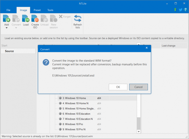 Klicka på bekräftelsen för att konvertera bilden till standard WIM-format | Slipstream installation av Windows 10