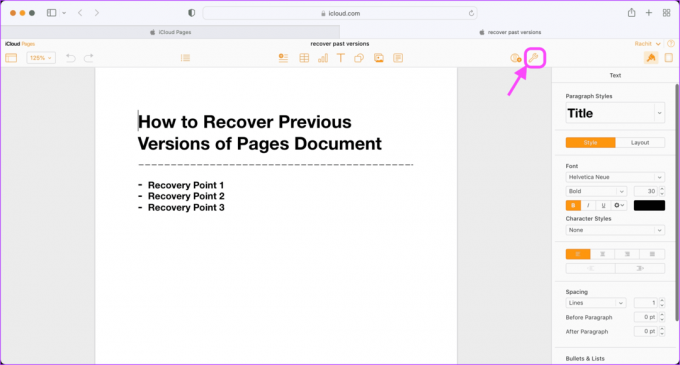 Προβολή και επαναφορά εγγράφου προηγούμενων εκδόσεων σελίδων στο iCloud 4