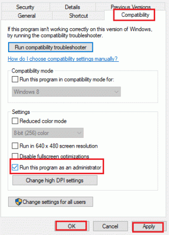 เรียกใช้โปรแกรมนี้ในฐานะผู้ดูแลระบบในแท็บความเข้ากันได้ แก้ไข Roblox จะไม่ติดตั้งใน Windows 10