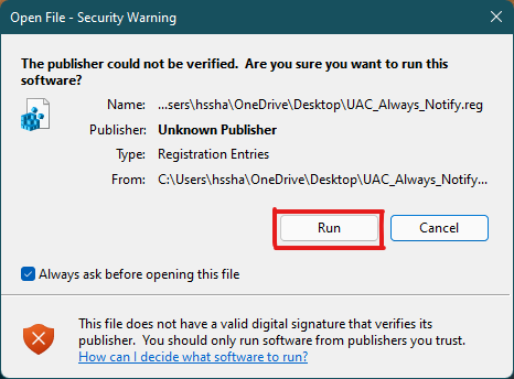 klik op de knop Uitvoeren in de beveiligingswaarschuwing om de .reg-bestanden toe te passen Gebruikersaccountbeheer UAC-instelling Windows 11
