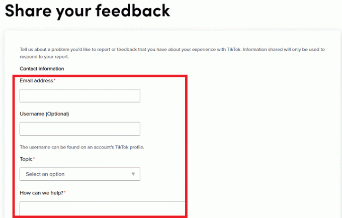 Fyll i informationen i fälten Dela din feedback | Så här ändrar du ditt nummer på TikTok