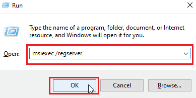 შედით msiexec regserver windows ინსტალერის დასარეგისტრირებლად და დააწკაპუნეთ OK. Windows 10-ში ტრანსფორმაციების გამოყენებისას შეცდომის გამოსწორება