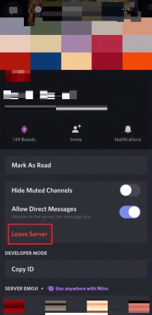 klepnite na opustiť server v aplikácii Discord