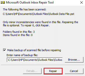 ซ่อมเครื่องมือซ่อมแซมกล่องขาเข้าของ Microsoft Outlook