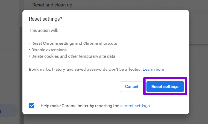 Bestätigen Sie „Chrome zurücksetzen“.