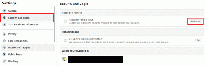 უსაფრთხოების და შესვლის ჩანართიდან დააწკაპუნეთ დაწყებაზე Facebook Protect განყოფილებისთვის