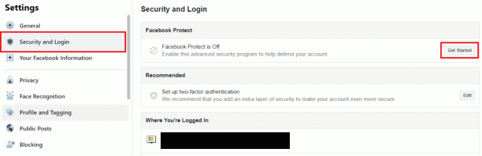 Från fliken Säkerhet och inloggning klickar du på Kom igång för avsnittet Facebook Protect
