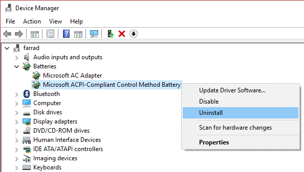 disinstallare la batteria del metodo di controllo conforme a Microsoft ACPI