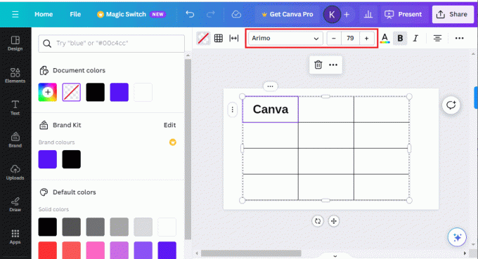 Από την επάνω γραμμή, επιλέξτε το στυλ γραμματοσειράς, το μέγεθος, το χρώμα και άλλες επιλογές μορφοποίησης κειμένου όπως προτιμάτε | Πώς να εισαγάγετε πίνακα στο Canva
