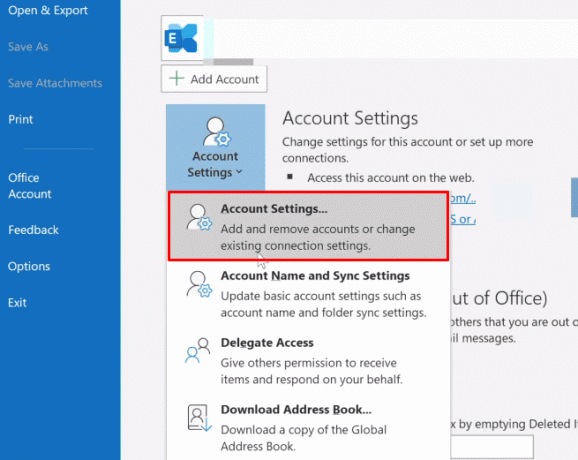 fare clic su Impostazioni account dal menu a discesa Impostazioni account | Cos'è il triangolo giallo di Outlook?