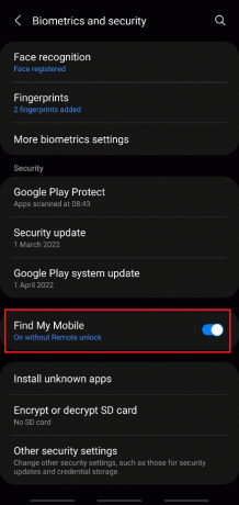 გადაახვიეთ ქვემოთ და შეეხეთ Find My Mobile გადართვის ვარიანტს. როგორ განბლოკოთ Android ტელეფონი პაროლის გარეშე