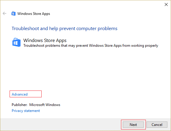 spustelėkite Išsamiau, tada spustelėkite Kitas, kad paleistumėte „Windows Store Apps“ trikčių šalinimo įrankį