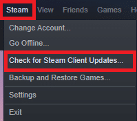 Teraz kliknite na Steam a potom Skontrolovať aktualizácie klienta Steam… 