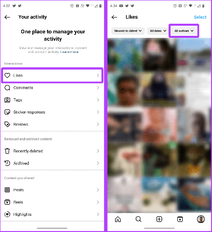 Tu actividad y Me gusta en Instagram