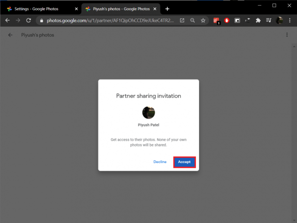 Noklikšķiniet uz Pieņemt nākamajā uznirstošajā logā, lai skatītu visus kopīgotos fotoattēlus | Apvienojiet vairākus Google diska un Google fotoattēlu kontus