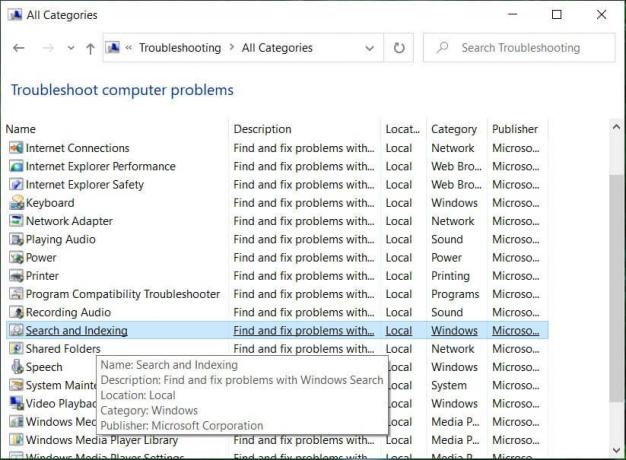 検索とインデックス作成のトラブルシューティングをクリックして実行します