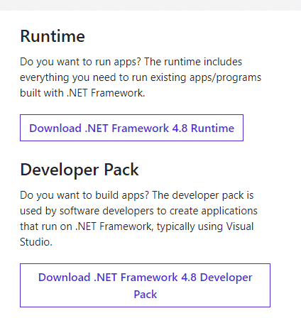 Klicka inte på Ladda ner .NET Framework 4.8 Developer Pack. Fixa Witcher 3-krasch på Windows 10