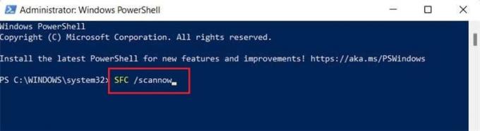 skriv systemfilsökning, sfc scan-kommando i Windows Powershell eller Windows-terminal Windows 11. hur man reparerar Windows 11 med SFC och DISM