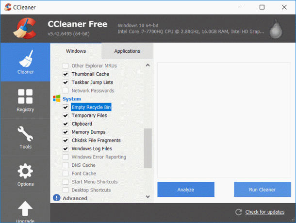 Изаберите Цлеанер, а затим означите Емпти Рецицле Бин под Систем и кликните на Рун Цлеанер