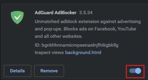 Klicka på växlingsknappen för att stänga av tillägget för adblock | Fixa NET:: ERR_CONNECTION_REFUSED i Chrome