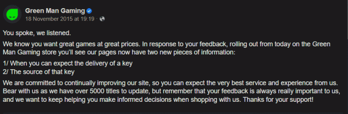 Green Man Gaming službena objava na Facebooku