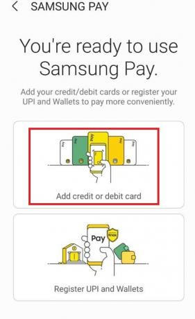 Dar kartą bakstelėkite Pridėti kredito arba debeto kortelę. Kokios parduotuvės priima „Samsung Pay“.
