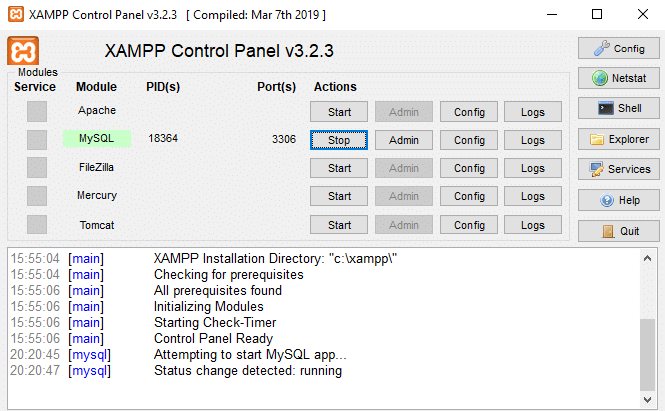 MySQLモジュールに対応する[停止]ボタンをクリックします