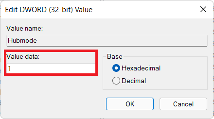 Modificarea datelor de valoare în caseta de dialog Editare valoare DWORD pe 32 de biți. Cum să activați sau să dezactivați accesul rapid în Windows 11