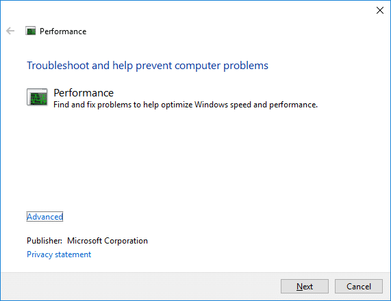 Esto abrirá el Solucionador de problemas de rendimiento, simplemente haga clic en Siguiente | Reparar CPU alta del Administrador de ventanas de escritorio (DWM.exe)