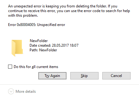 Διορθώστε τον κωδικό σφάλματος 0x80004005: Μη καθορισμένο σφάλμα στα Windows 10