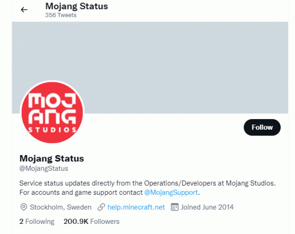 Apmeklējiet Mojang statusa lapu pakalpojumā Twitter