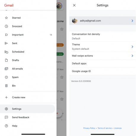 Puudutage Gmaili rakenduse all kolme horisontaalset joont ja seejärel valige Seaded